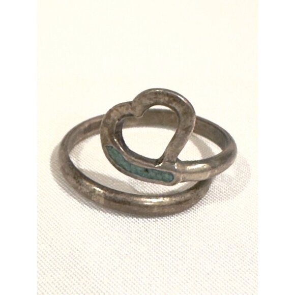 sterling silver ring size 6.5 Lifted Heart Shaped Inlay turquoise Adjustable B9 - Picture 1 of 6